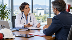 Medico competente durante un confronto con il datore di lavoro