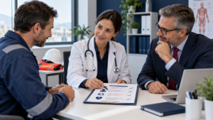 Medico competente, lavoratore e datore di lavoro esaminano il giudizio di idoneita